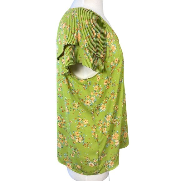 Dr2 Pullover V-Neck Green Floral Pleated Flounce Sleeve Blouse XL NWT - Picture 5 of 10